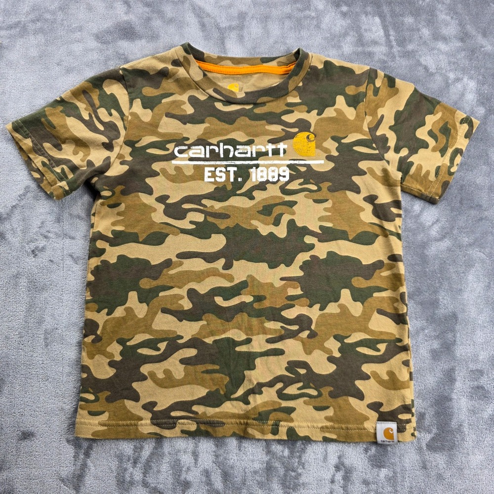Carhartt T-Shirt Kids Size 7 Green Camo Graphic Short Sleeve Logo Tee